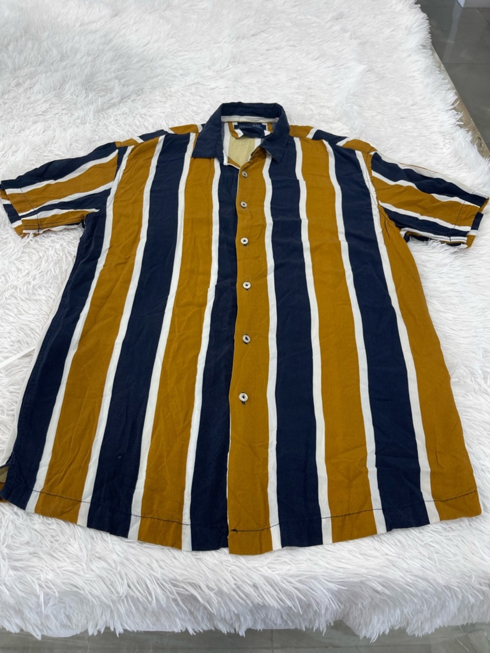 Zara Wide-Stripe Short Sleeve Button-Down - Mustard, Navy & White